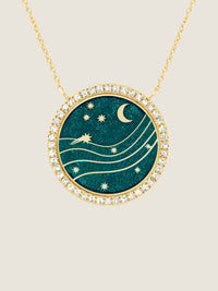 Cosmic Green Infinity — Sandrine Barabinot 18k gold necklace with deep green grand feu enamel and pavé diamonds
