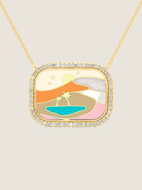 Desert Rose Magnetic — Sandrine Barabinot 18k gold pendant necklace with hand-painted enamel desert landscape and pavé diamonds