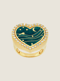Cosmic Green Forever — top view of 18k gold heart signet ring with deep green enamel and pavé diamonds
