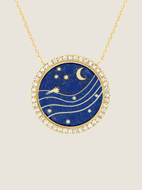 Cosmic Blue Infinity — Sandrine Barabinot 18k gold necklace with deep blue grand feu enamel and pavé diamonds
