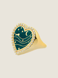 Cosmic Green Forever — Sandrine Barabinot 18k gold heart signet ring with deep green enamel and pavé diamonds