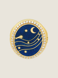 Cosmic Blue Indomptable — top view of 18k gold ring with blue grand feu enamel and pavé diamonds