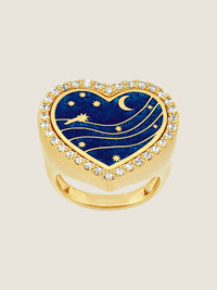 Cosmic Blue Forever — Sandrine Barabinot 18k gold heart signet ring with deep blue enamel and pavé diamonds