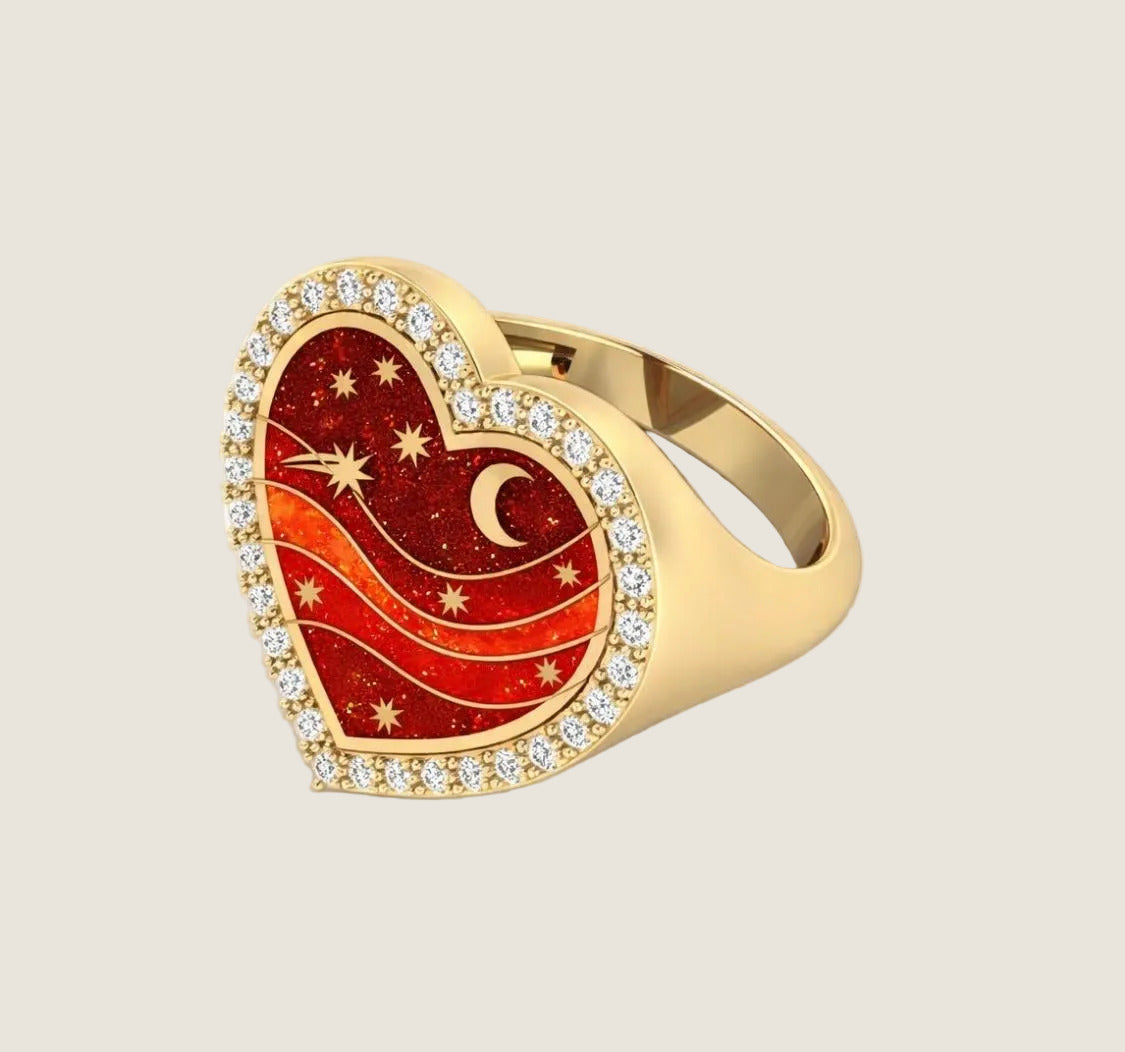 SB x Leila Forever heart signet ring worn on the little finger, 18k gold and red enamel