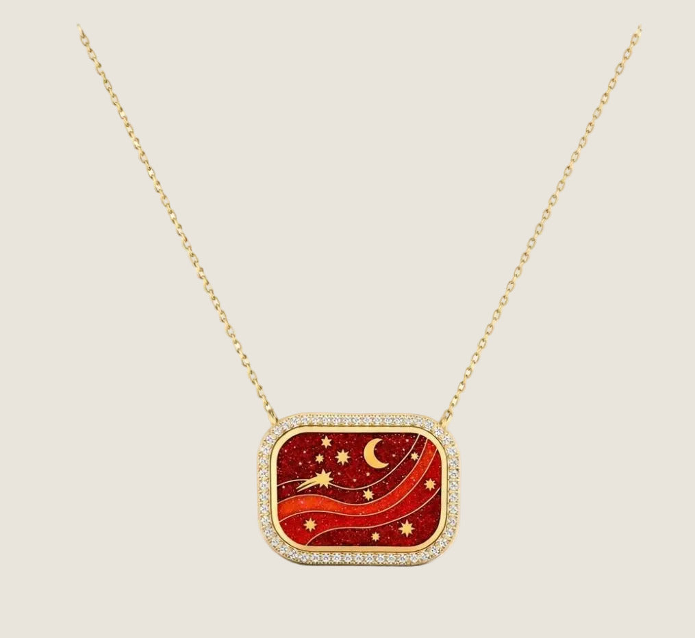 SB x Leila Magnetic — Sandrine Barabinot 18k gold pendant necklace with red enamel and pavé diamonds