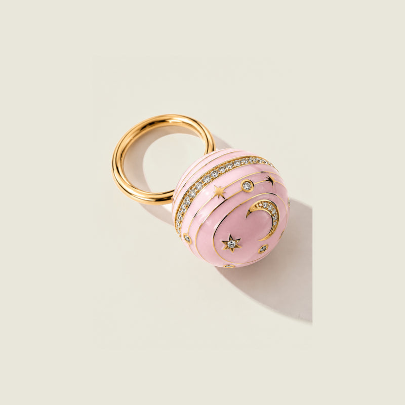 Bubble Circle I ring in 18k gold, Malabar pink grand feu enamel sphere, diamond-set stars and crescent moon, Sandrine Barabino