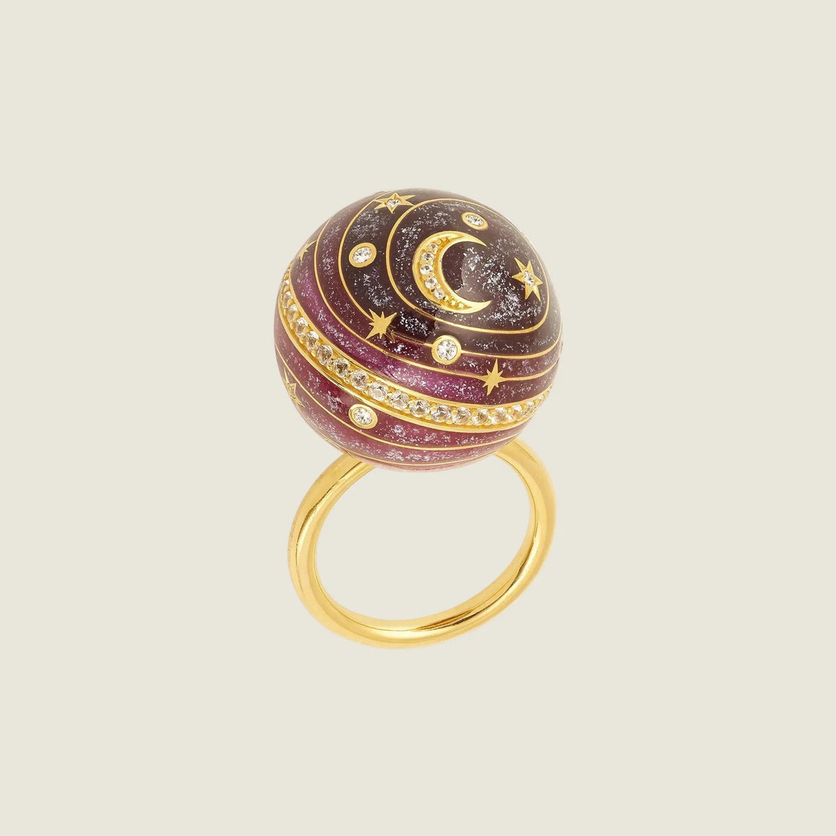 Bubble Circle I — Sandrine Barabinot 18k gold sphere ring with aubergine gradient enamel and pavé diamonds