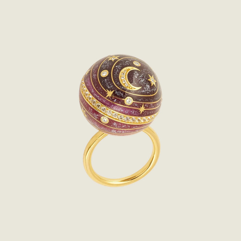 Bubble Circle I — Sandrine Barabinot 18k gold sphere ring with aubergine gradient enamel and pavé diamonds