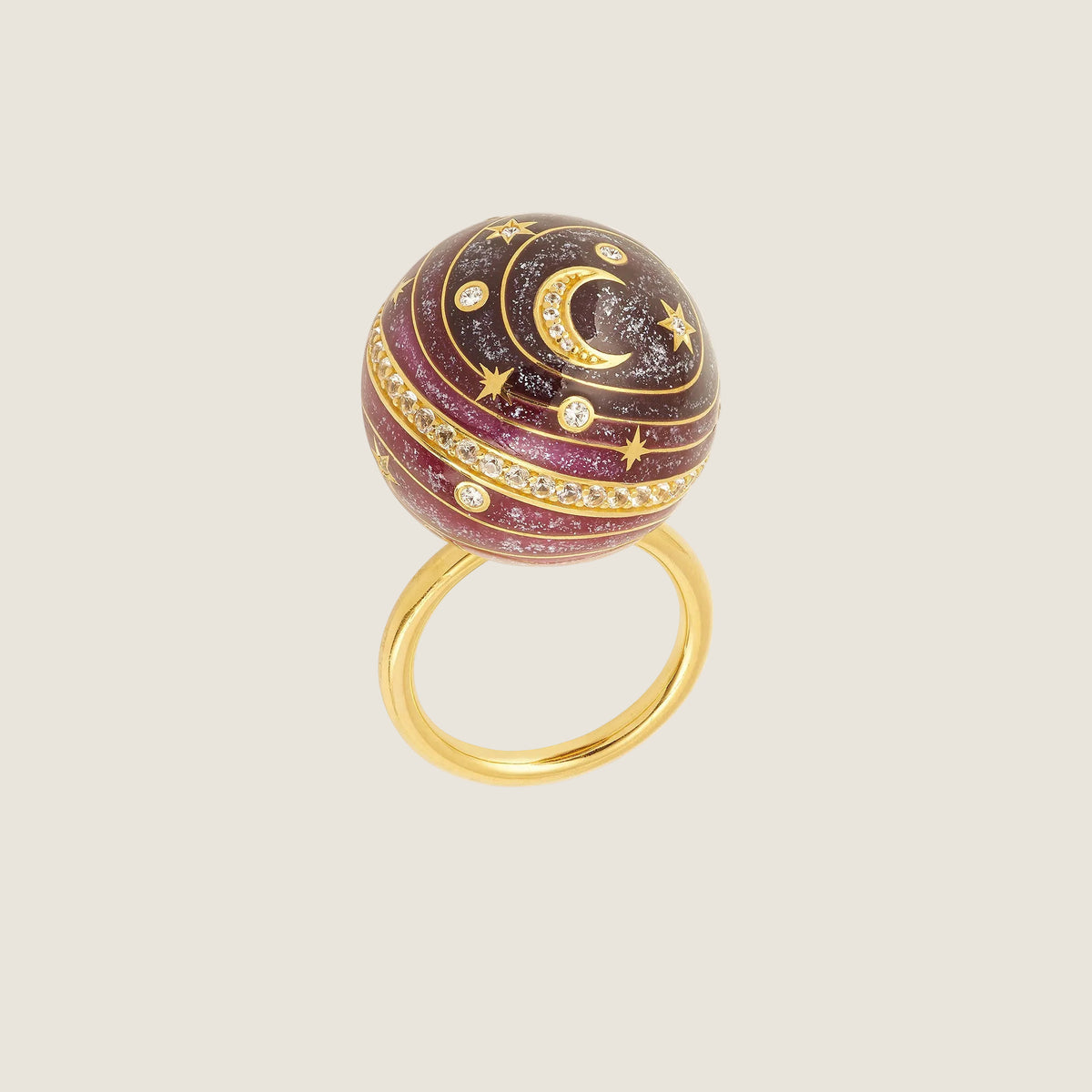 Bubble Circle I — Sandrine Barabinot 18k gold sphere ring with aubergine gradient enamel and pavé diamonds
