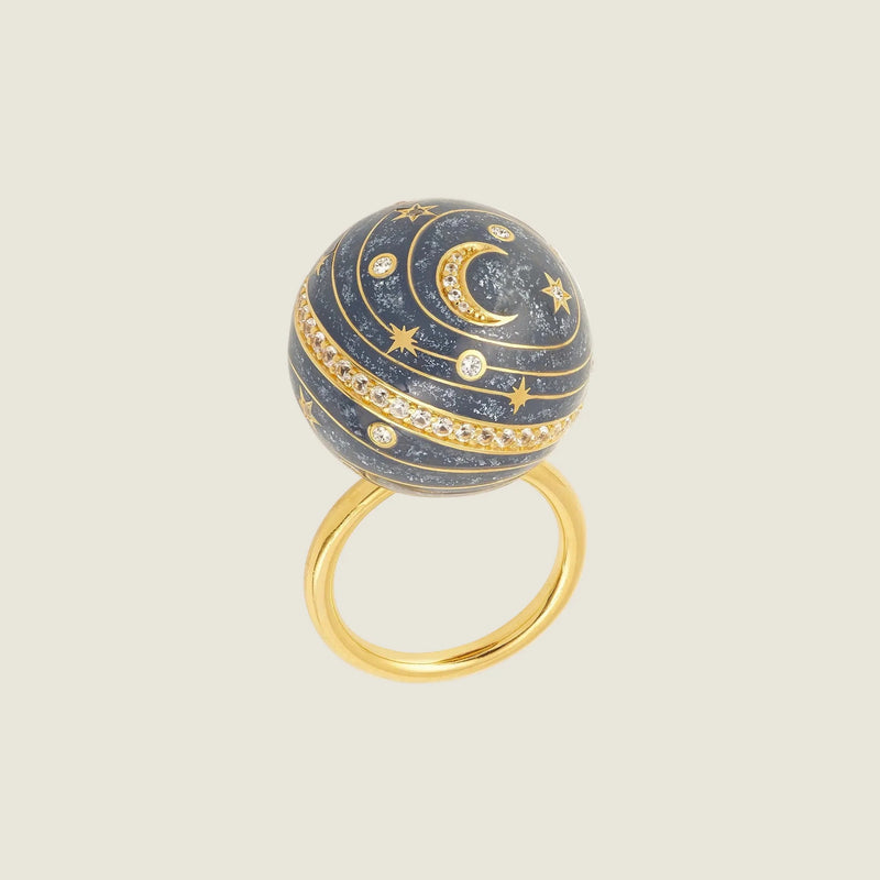 Bubble Circle I — Sandrine Barabinot 18k gold sphere ring with grey enamel and pavé diamonds