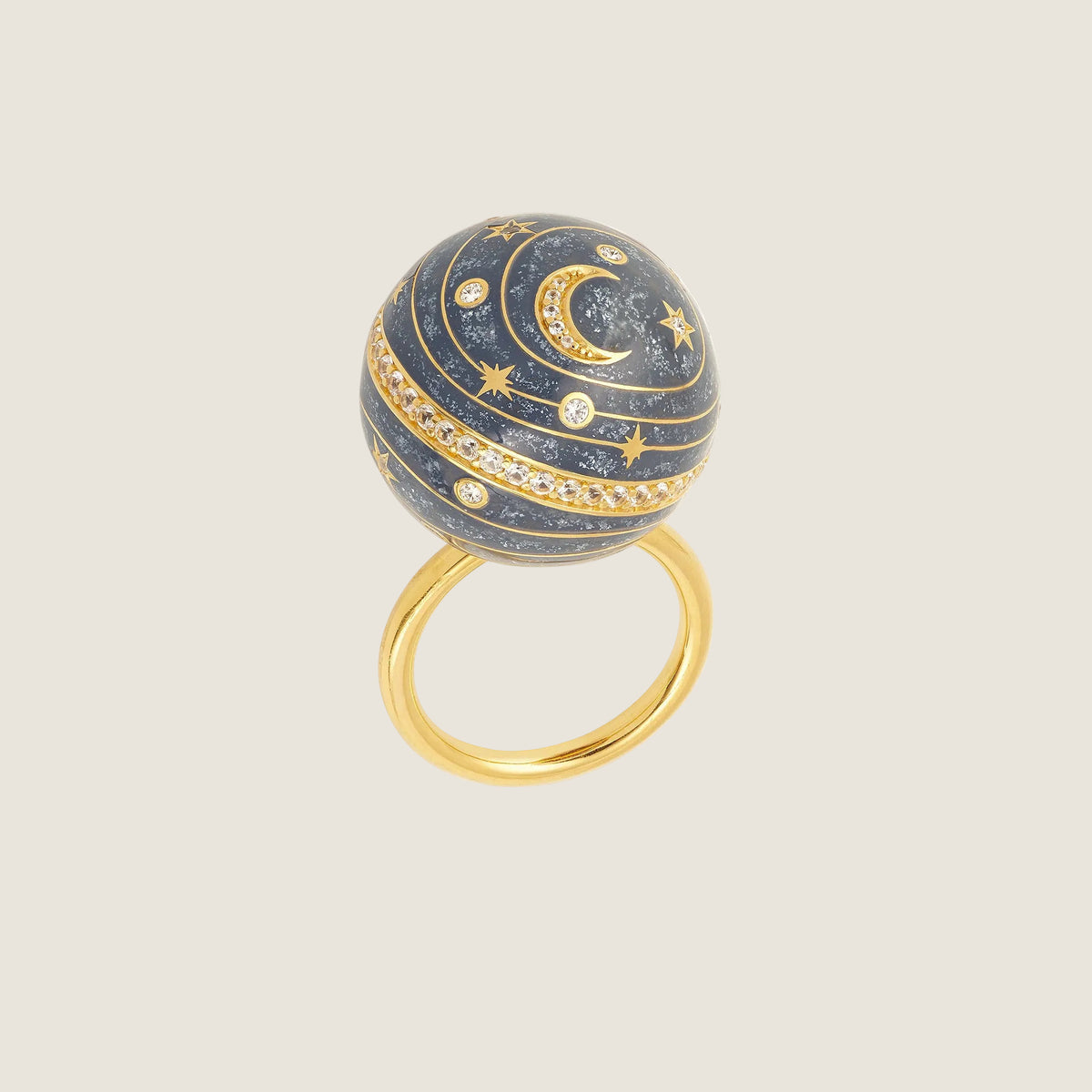 Bubble Circle I — Sandrine Barabinot 18k gold sphere ring with grey enamel and pavé diamonds