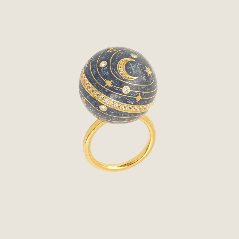 Bubble Circle I — Sandrine Barabinot 18k gold sphere ring with grey enamel and pavé diamonds