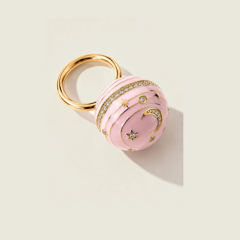 Bubble Circle I ring in 18k gold, Malabar pink grand feu enamel sphere, diamond-set stars and crescent moon, Sandrine Barabinot