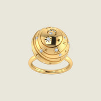 Bubble I — Sandrine Barabinot 18k polished gold sphere ring with engraved celestial motif and pavé diamonds