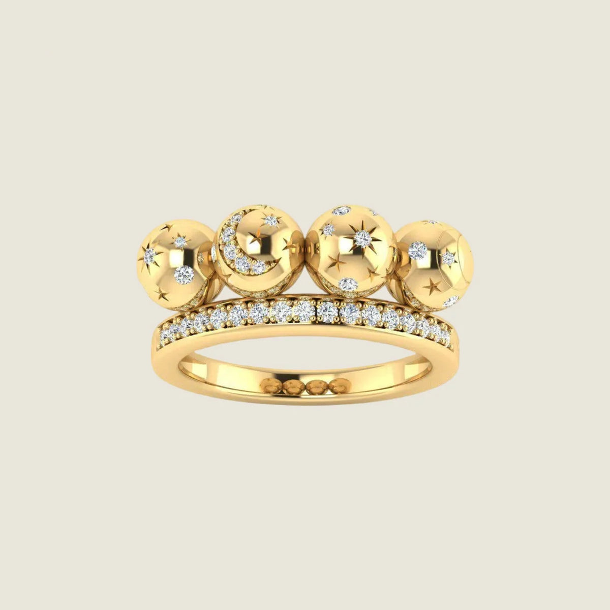 Bubble IV — Sandrine Barabinot 18k gold ring with four spheres on a pavé diamond band