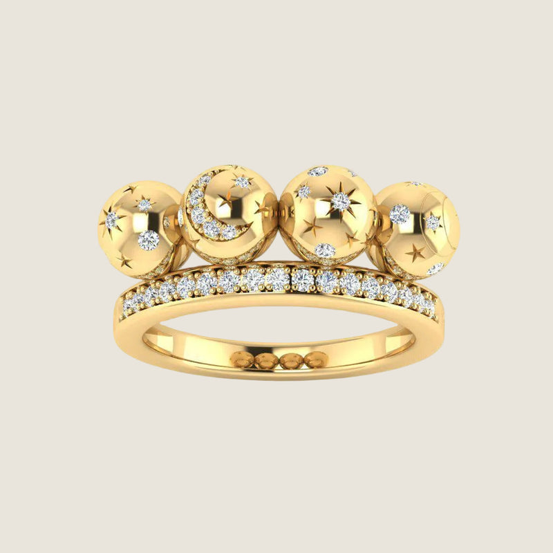 Bubble IV — Sandrine Barabinot 18k gold ring with four spheres on a pavé diamond band