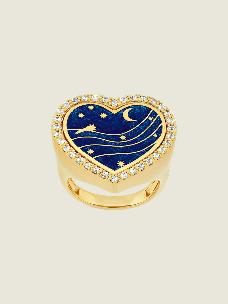 Cosmic Blue Forever — Sandrine Barabinot 18k gold heart signet ring with deep blue enamel and pavé diamonds
