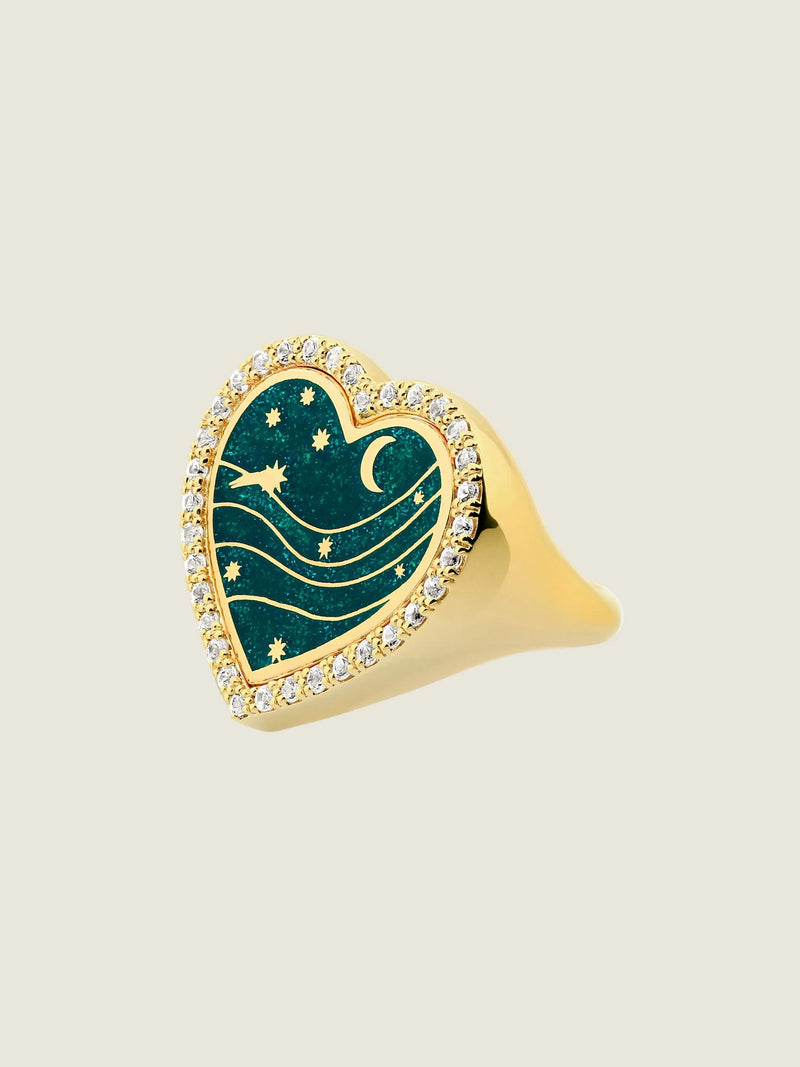 Cosmic Green Forever — Sandrine Barabinot 18k gold heart signet ring with deep green enamel and pavé diamonds