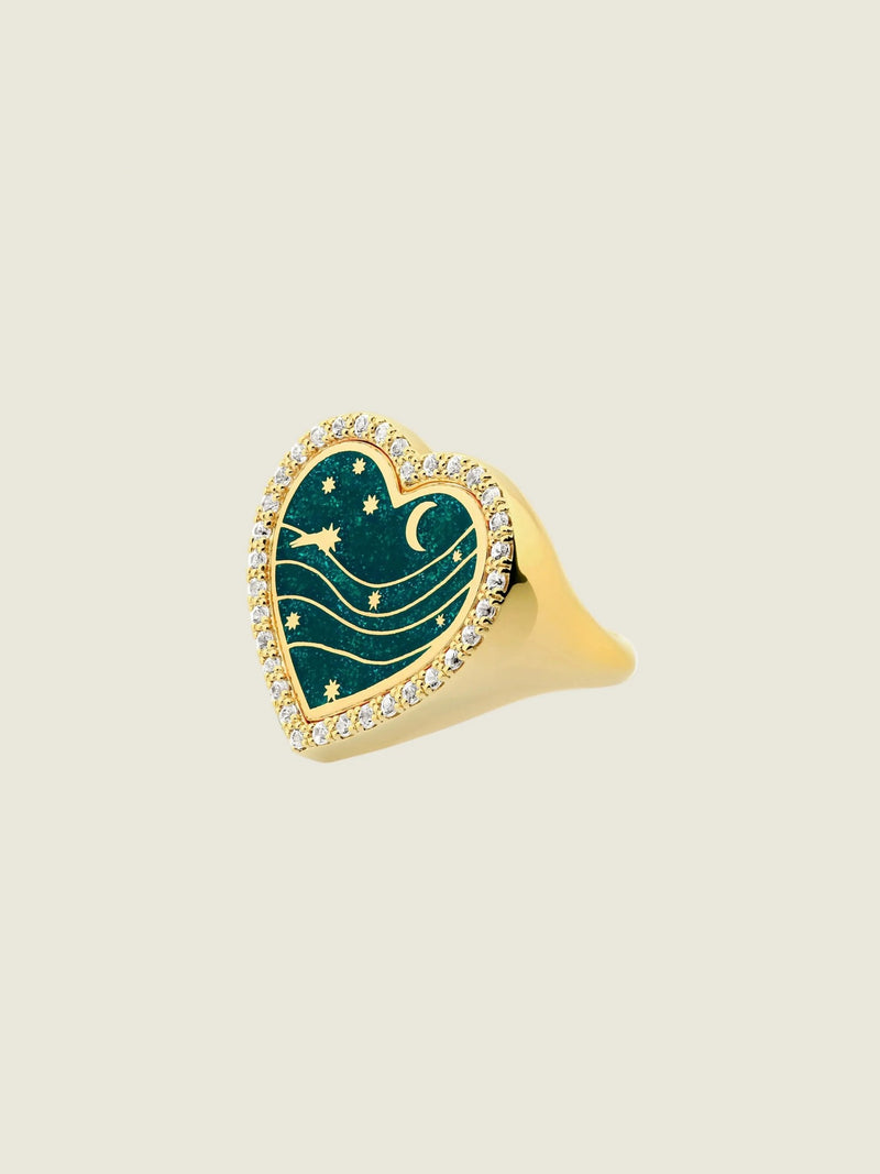 Cosmic Green Forever — Sandrine Barabinot 18k gold heart signet ring with deep green enamel and pavé diamonds