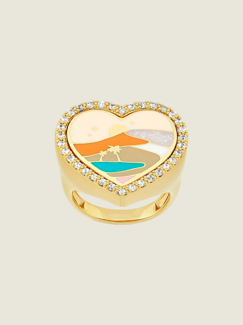 Desert Rose Forever — Sandrine Barabinot 18k gold heart signet ring with pink enamel and pavé diamonds