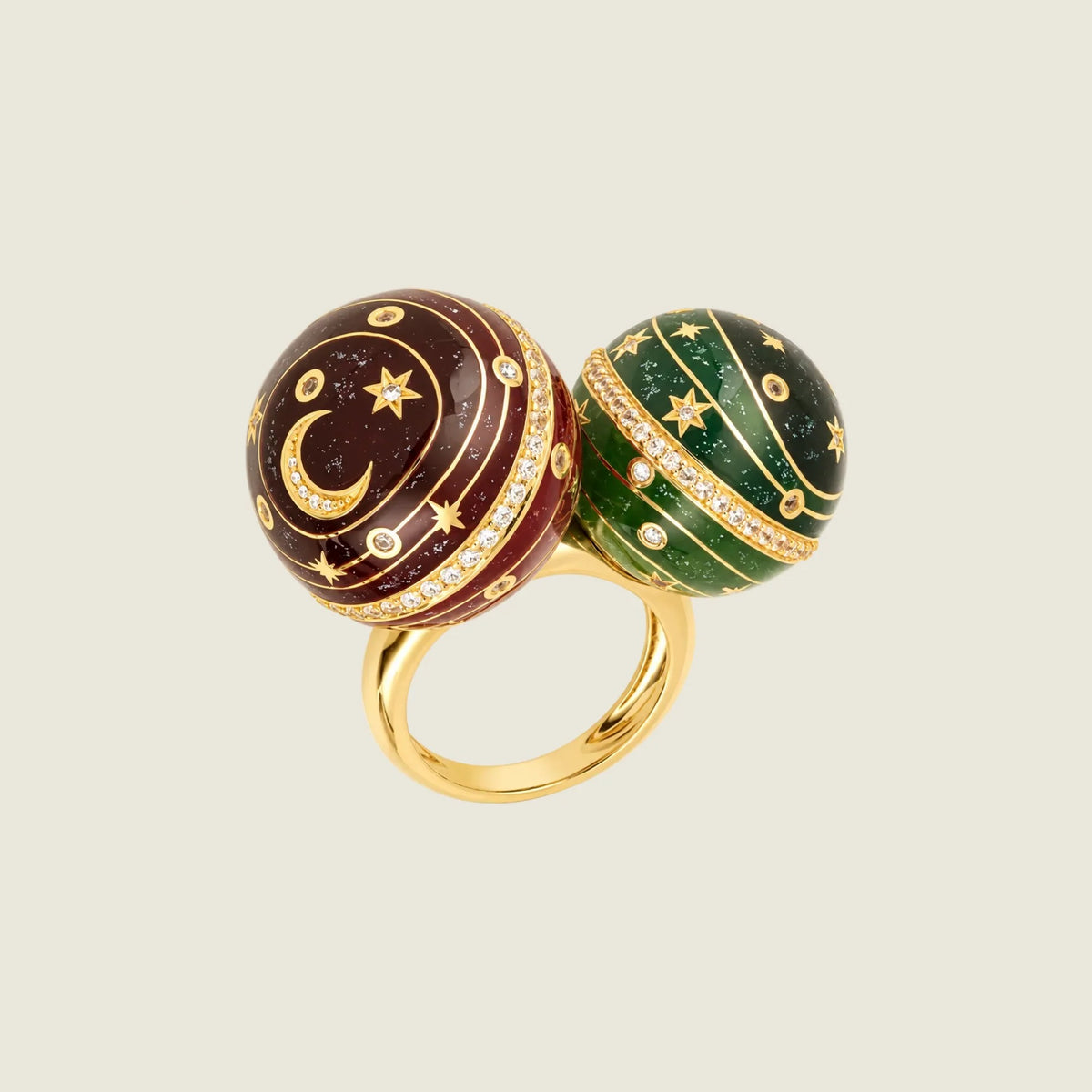 Double Bubble Circle ring in 18k gold, aubergine and green grand feu enamel spheres with diamonds — Sandrine Barabinot