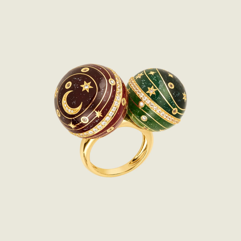 Double Bubble Circle ring in 18k gold, aubergine and green grand feu enamel spheres with diamonds — Sandrine Barabinot