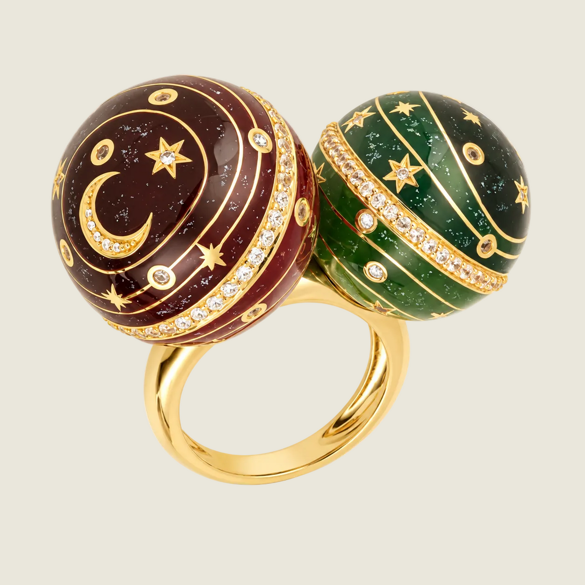 Double Bubble Circle ring in 18k gold, aubergine and green grand feu enamel spheres with diamonds — Sandrine Barabinot