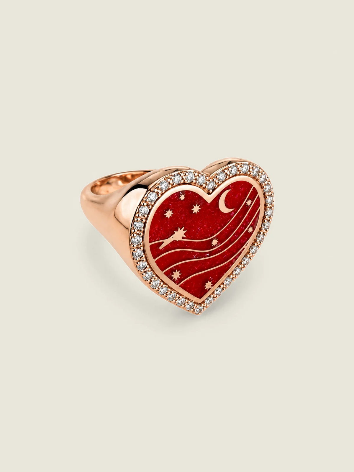 Sirocco Forever — Sandrine Barabinot 18k rose gold heart signet ring with red grand feu enamel and pavé diamonds