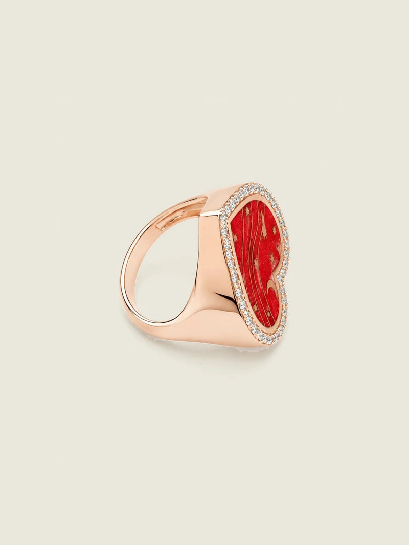 Sirocco Forever — Sandrine Barabinot 18k rose gold heart signet ring with red grand feu enamel and pavé diamonds, profile view