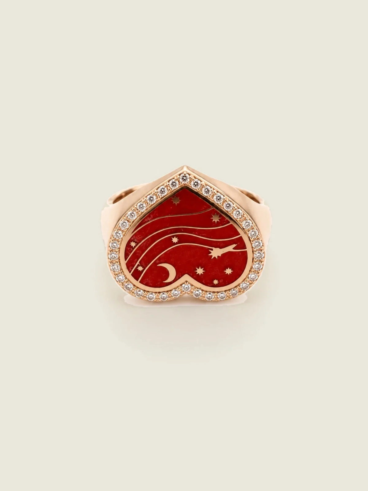 Sirocco Forever — Sandrine Barabinot 18k rose gold heart signet ring with red grand feu enamel and pavé diamonds, front view