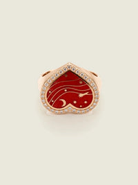 Sirocco Forever — Sandrine Barabinot 18k rose gold heart signet ring with red grand feu enamel and pavé diamonds, front view