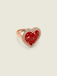 Sirocco Forever — Sandrine Barabinot 18k rose gold heart signet ring with red grand feu enamel and pavé diamonds