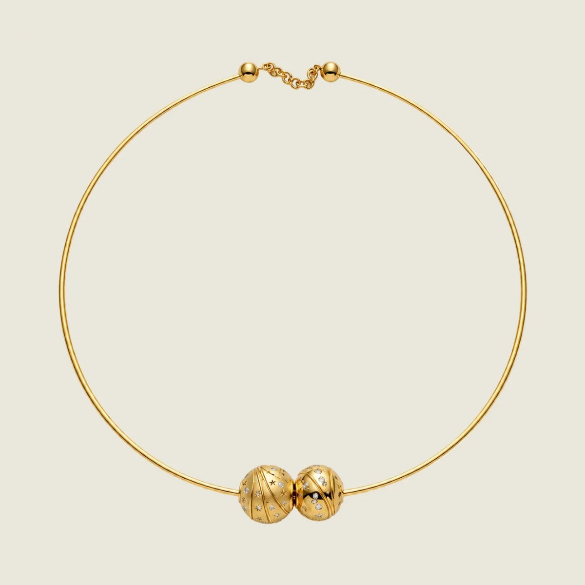 Torque Double Take necklace in 18k gold, one brushed and one polished Bubble sphere set with diamonds — Sandrine Barabinot