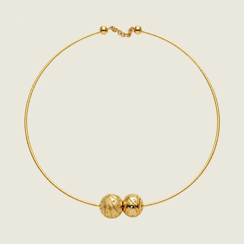 Torque Double Take necklace in 18k gold, one brushed and one polished Bubble sphere set with diamonds — Sandrine Barabinot