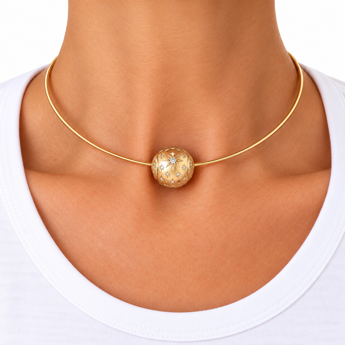 Torque Mirage necklace worn, one 18k gold Bubble sphere with diamonds on a rigid torque — Sandrine Barabinot