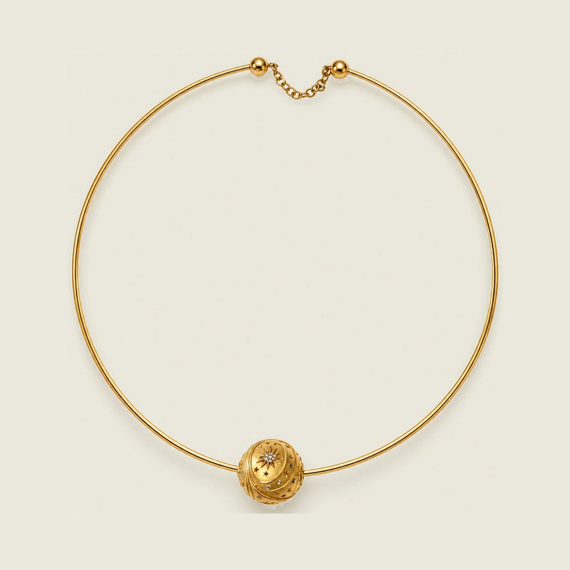 Torque Mirage necklace in 18k gold, a single 16 mm Bubble sphere set with diamonds on a rigid torque — Sandrine Barabinot