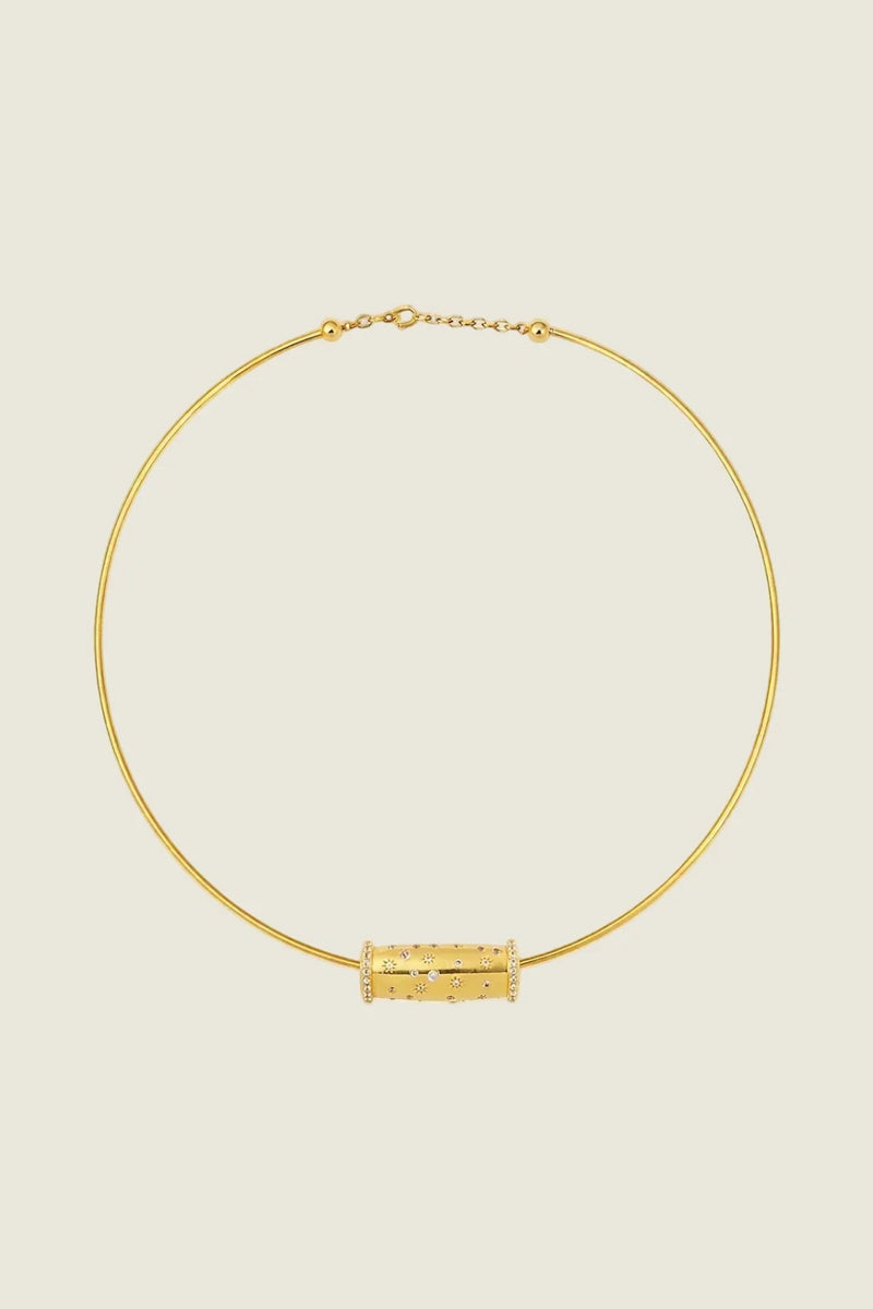 Torque Tourbillon III necklace in 18k yellow gold, rigid torque with a 2cm prayer wheel pendant set with diamonds, Kindred collection — Sandrine Barabinot