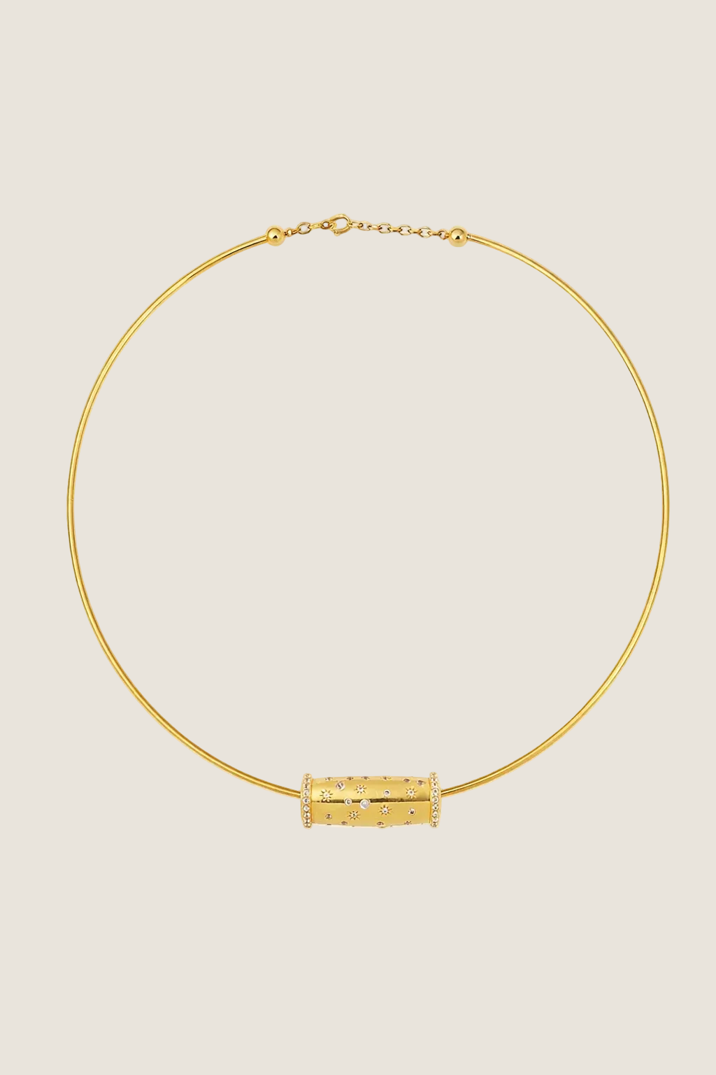 Torque Tourbillon III necklace by Sandrine Barabinot — 18k yellow gold rigid torque with a 2cm prayer wheel pendant set with diamonds. Kindred collection. Handcrafted in Geneva.